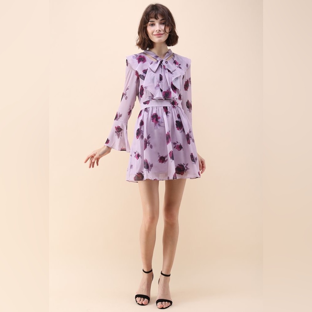 Chicwish REDDISH ROSE RUFFLE CHIFFON DRESS WITH BELL SLEEVES - Picture 9 of 12